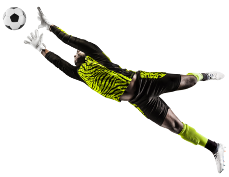 Young African man, football player, goalkeeper catching ball in jump during game isolated on transparent background. Concept of sport, game, competition, tournament, active lifestyle