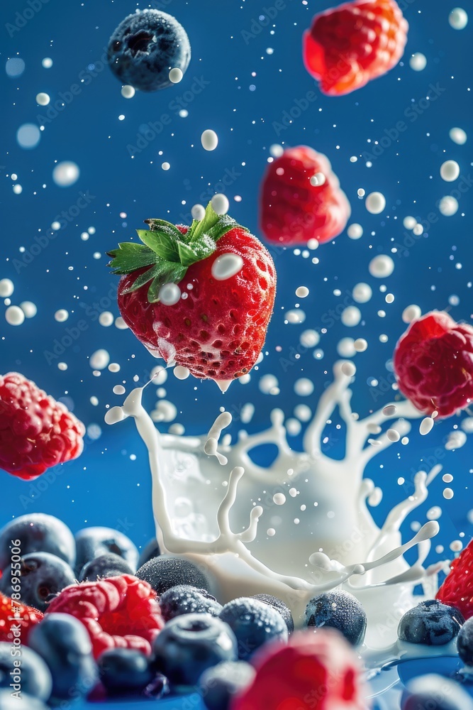 Poster fresh milk splash with assorted berries and blueberries. perfect for food and beverage concepts