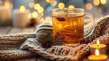 Glass mug with herbal tea lit candles and knitted decor - obrazy, fototapety, plakaty