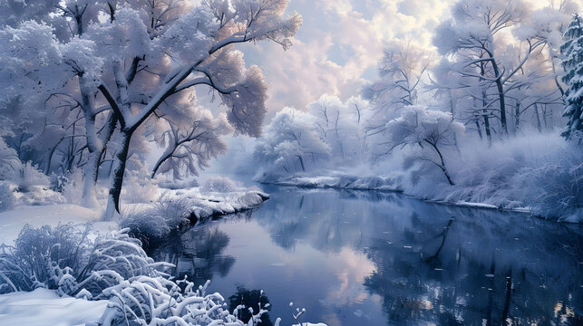 A snowy landscape with a river and trees