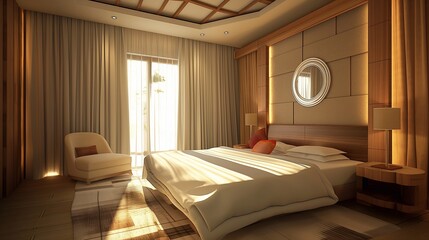 Spacious modern hotel room with warm lighting on a sunny day in natural colors