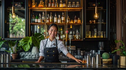 Smiling asian female bartender in a hotel uniform at the bar counter against the background of a chic set of alcoholic drinks in the resort bar area