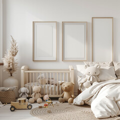 mockup kids bedroom, three frames of equal size portrait size, neutrals, minimal, boho, kids toys, bed