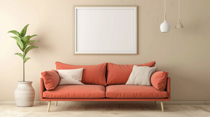 A burst of color energizes the room with a vibrant coral sofa against neutral beige walls, while an empty white frame offers a canvas for imaginative decor.