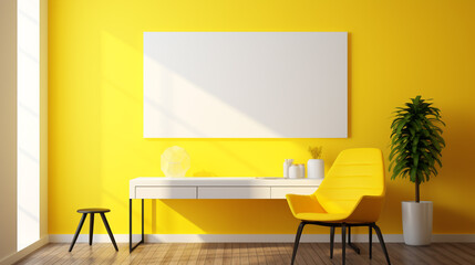 A burst of sunshine yellow adds warmth to a sleek office setting, with a blank white frame on the wall ready to showcase the next stroke of artistic brilliance.