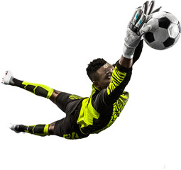 Young African man, football player, goalkeeper catching ball in jump and falling down during game isolated on transparent background. Concept of sport, game, competition, tournament, active lifestyle