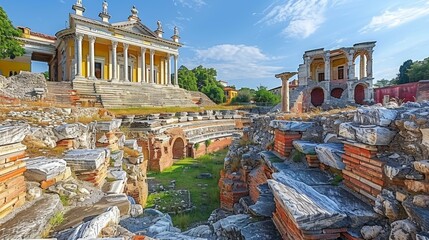 Stunning view of the ancient Roman theatre of Philippopolis set against a modern neoclassical building in Plovdiv, Bulgaria, showcasing historical architecture and cultural heritage. - obrazy, fototapety, plakaty