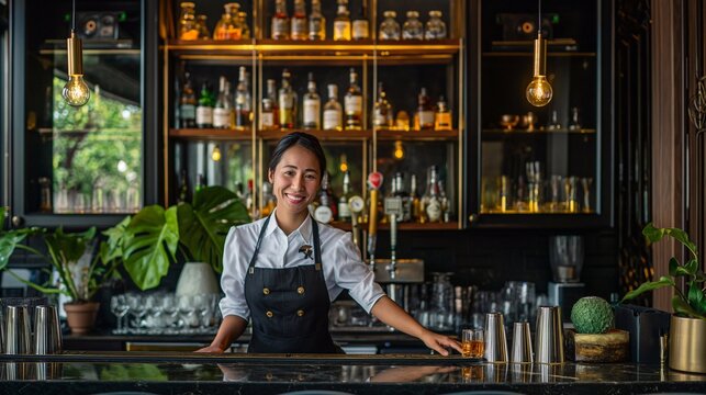 Smiling asian female bartender in a hotel uniform at the bar counter against the background of a chic set of alcoholic drinks in the resort bar area