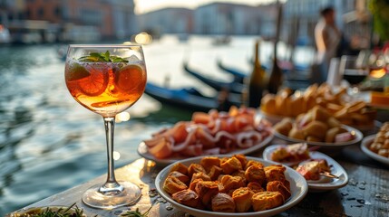 Enjoy a refreshing Aperol spritz paired with assorted appetizers against the backdrop of a serene Venetian canal. Perfect setting for a delightful evening.