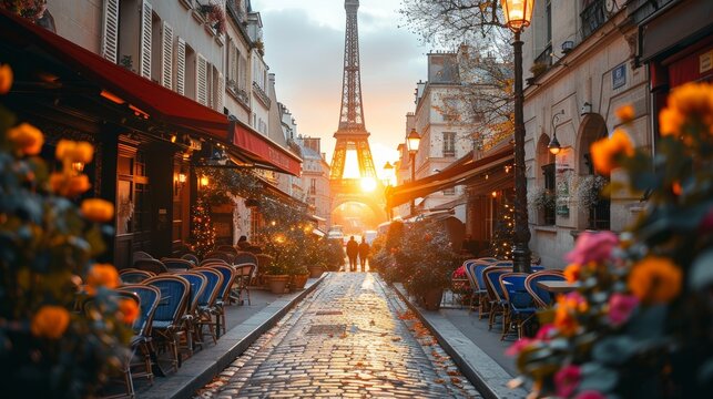 Fototapeta Picturesque scene from a Parisian street at sunset, showcasing the Eiffel Tower in the background and a charming street-side cafe adorned with lights and flowers.