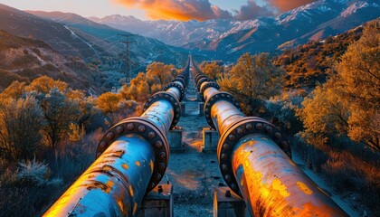 A view of the gas pipeline from a high point: an impressive infrastructure landscape - obrazy, fototapety, plakaty