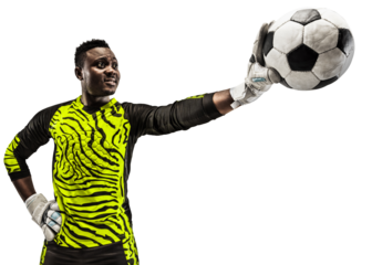 Young African man, football player, goalkeeper standing with soccer ball isolated on transparent background. Winning game. Concept of sport, game, competition, tournament, active lifestyle