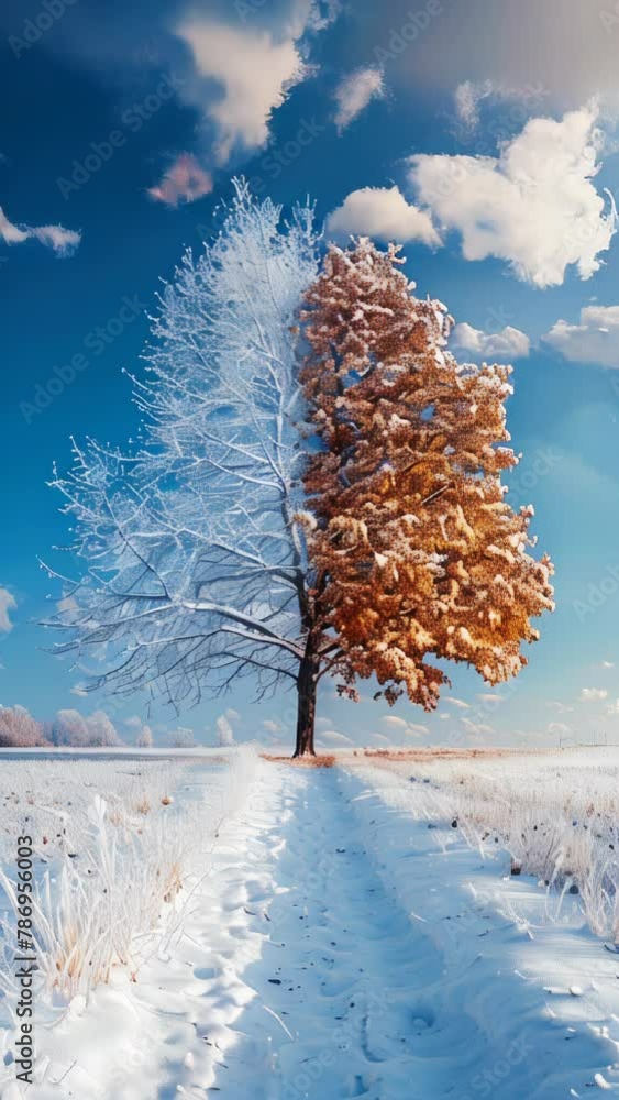 Poster a tree with a branch that is covered in snow and another branch that is covered in leaves. the sky i