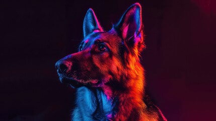 German Shepherd in colorful neon lighting