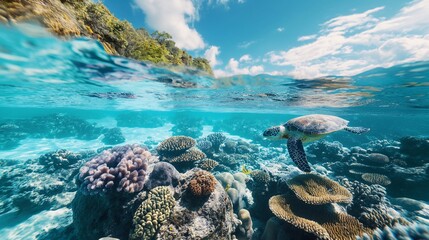 amazing view between the water surface and the sky. underwater ocean world with corals and turtle....