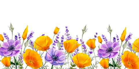 Wildflowers california poppies, anemones and lavender border. Wildherbs template, watercolor orange and blue flowers.