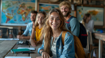 Obraz premium Group of young, diverse students engaging in a group discussion in a classroom setting, smiling and interacting with each other near a large world map.