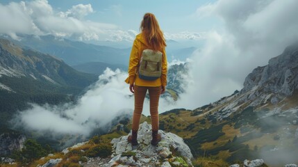 Young female hiker in a yellow jacket stands on a rocky peak, overlooking vast mountain landscapes and clouds below. This image captures a sense of adventure and tranquility.