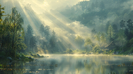 Sunbeams filtering through the misty morning fog in a tranquil valley