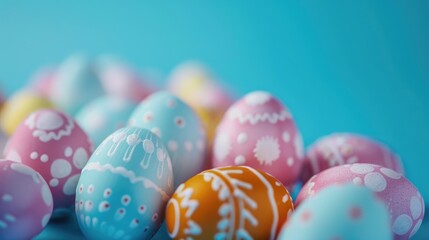 Fototapeta na wymiar Colorful Easter eggs on a blue surface, perfect for Easter holiday designs