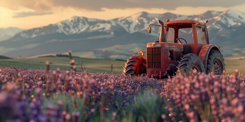 A tractor driving through a field of purple flowers. Perfect for agricultural or rural concepts - obrazy, fototapety, plakaty