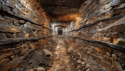 Narrow tunnel lined with brick and rock in unique geological landscape
