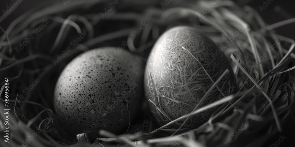 Poster Two eggs sitting in a nest on a table, suitable for various concepts and designs