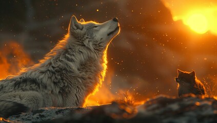 A carnivore wolf and a young Felidae cub stand next to each other by the fire