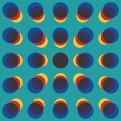 Circle shape perspective pattern primary colors overlap transparent vector illustration on green background.