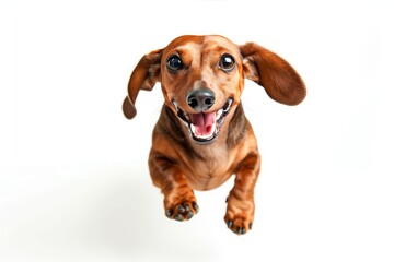 Happy and a little crazy brown dachshund jumping on camera. White isolated background . photo on white isolated background