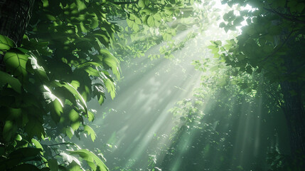 Sunbeams filtering through lush green foliage in a serene forest setting