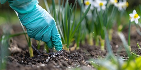 Individual wearing medical glove fertilizing young daffodils up close while gardening in the spring to enhance soil with beneficial fertilizer. - obrazy, fototapety, plakaty
