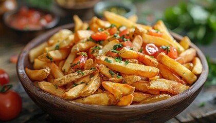 Wooden bowl with French fries and tomatoes a staple fast food dish