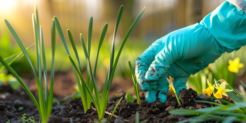 Individual wearing protective gloves nourishing the juvenile daffodil plants up close, cultivating the soil with beneficial plant food during the spring season. - obrazy, fototapety, plakaty