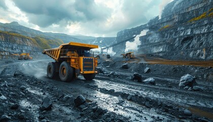 Yellow dump truck on dirt road in coal mine under cloudy sky