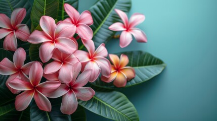 A serene composition of pale pink frangipani flowers and small green leaves on a pastel blue backdrop, designed with a minimalist tropical feel and generous negative space