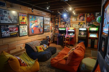 A cozy arcade corner with retro consoles, bean bag chairs, and posters of beloved video game characters, Generative AI