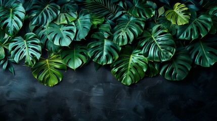 An artistic layout of monstera leaves in deep green, spread elegantly over a matte black background, creating a striking contrast with significant negative space - obrazy, fototapety, plakaty