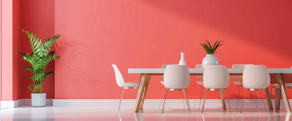 A minimalist dining area with a striking, coral pink feature wall and sleek, modern furniture, creating a colorful yet elegant space with copy space.