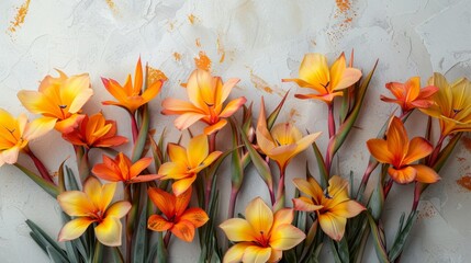 Bright yellow and orange bird of paradise flowers arranged delicately on a soft white surface, providing a vivid pop of color with expansive negative space
