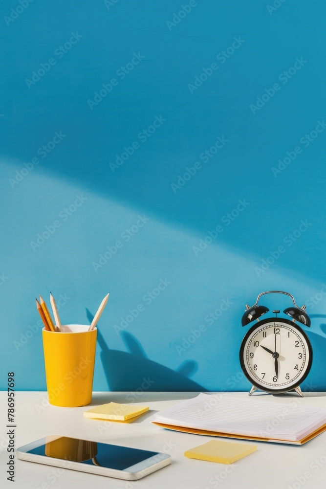 Aufkleber an alarm clock sitting on top of a desk next to a cup. suitable for office and time management conce
