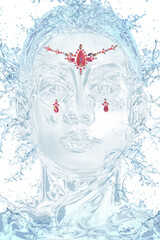 Cropped close-up shot of a splash of water in a form of a woman's face with colored shimmering crystals. Jewel stickers on a woman's face are on a white background. Front view.