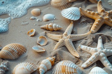 Fototapeta na wymiar Seashells and starfish scattered on a sandy beach, perfect for summer vacation concepts
