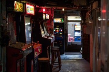 A hidden gem of a retro arcade, tucked away in a back alley, where gamers gather to relive the glory days of gaming, Generative AI
