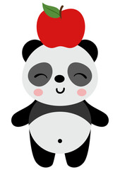 Cute panda with red apple on his head.