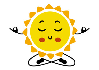 Funny sun mascot doing yoga meditation