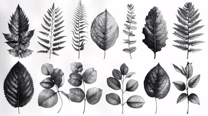 Lush foliage design elements in a vintage botanical illustration, featuring fern, eucalyptus, and boxwood. Isolated on a black and white background.