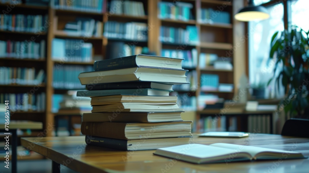 Poster a stack of books on a wooden table. suitable for educational and reading materials