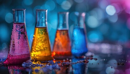 Colorful beakers filled with various liquids on a table