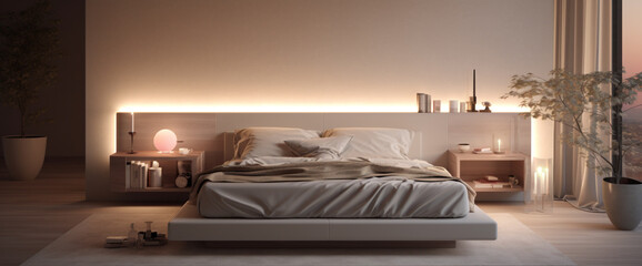 A serene bedroom with a platform bed and linen bedding, accented by soft, diffused lighting.